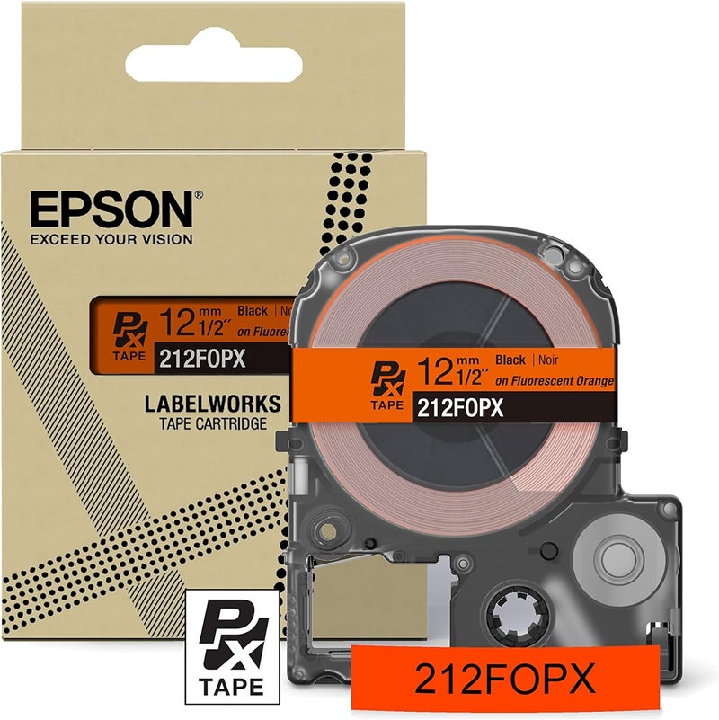 LABELWORKS Epson 212FOPX Genuine PET (Polyester) Tape Cartridge - Black on Fluorescent Orange Designer Craft Label Maker Tape - 1/2" (12MM) Wide, 16' - Image 1